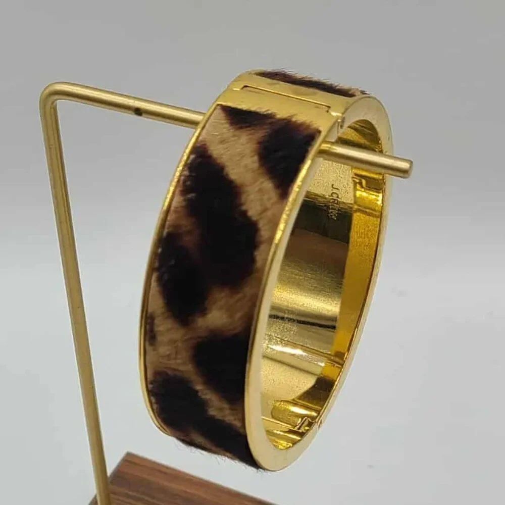 J Crew Animal Print Faux Fur Gold Tone Hinged Cuff Bracelet